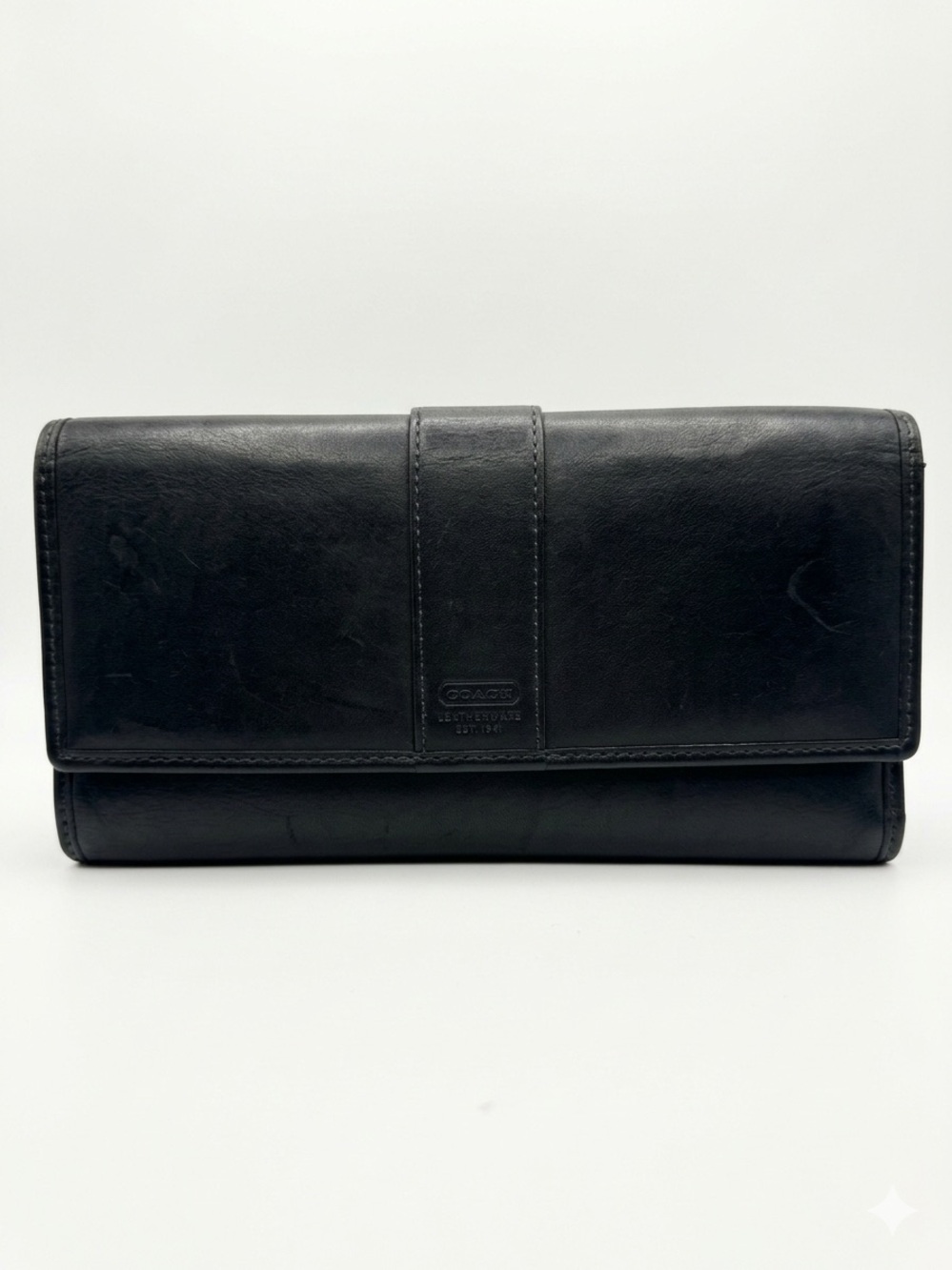 Vintage Coach Black Leather Checkbook Trifold Wallet Zip Pocket (Pre-owned)